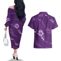 Aloha Hawaii Floral Tapa Couples Matching Off The Shoulder Long Sleeve Dress and Hawaiian Shirt Patchwork Violet - Polynesian Pride