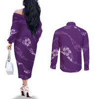 Aloha Hawaii Floral Tapa Couples Matching Off The Shoulder Long Sleeve Dress and Long Sleeve Button Shirt Patchwork Violet - Polynesian Pride