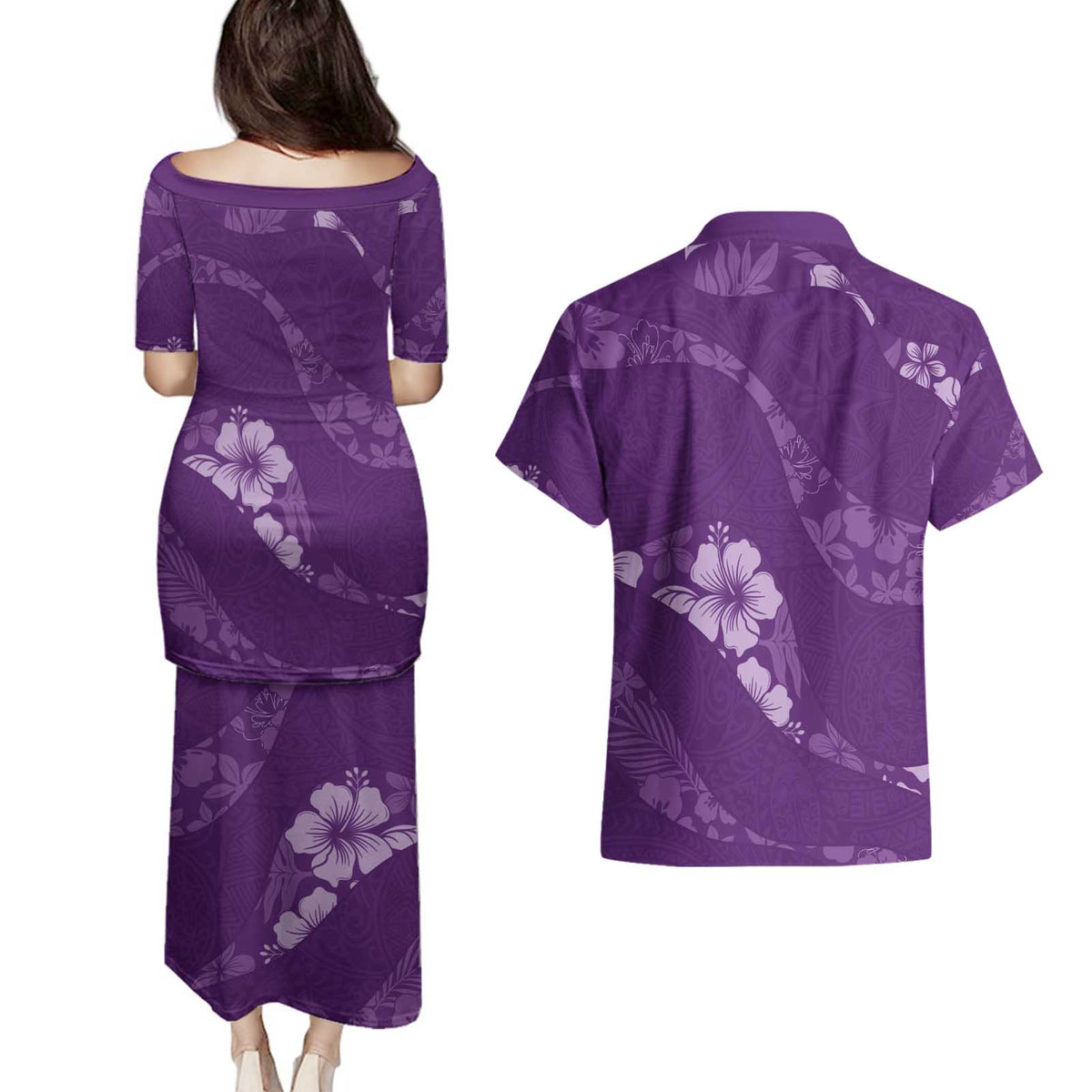 Aloha Hawaii Floral Tapa Couples Matching Puletasi and Hawaiian Shirt Patchwork Violet - Polynesian Pride