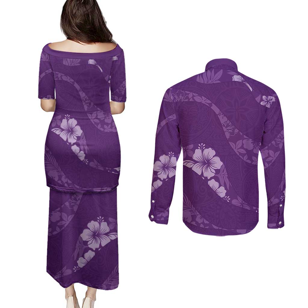 Aloha Hawaii Floral Tapa Couples Matching Puletasi and Long Sleeve Button Shirt Patchwork Violet - Polynesian Pride