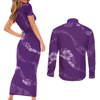 Aloha Hawaii Floral Tapa Couples Matching Short Sleeve Bodycon Dress and Long Sleeve Button Shirt Patchwork Violet - Polynesian Pride