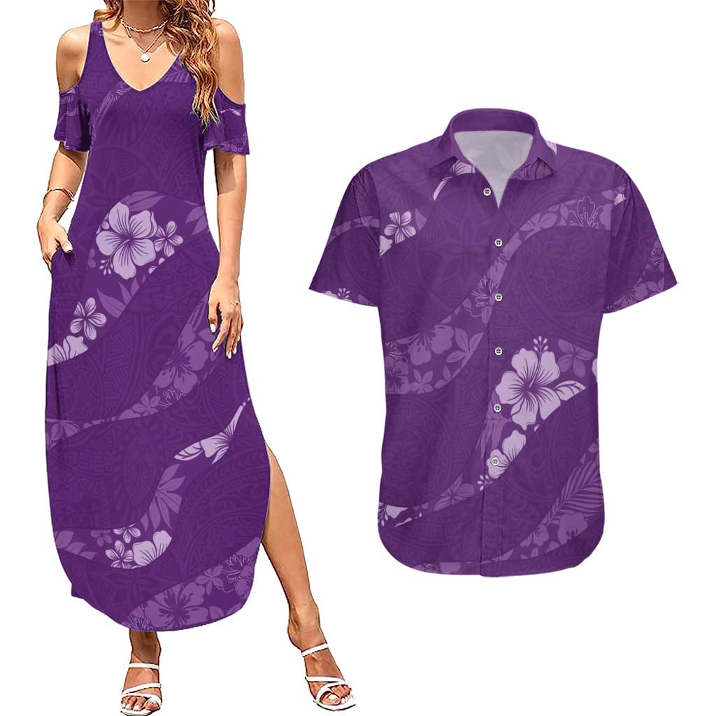 Aloha Hawaii Floral Tapa Couples Matching Summer Maxi Dress and Hawaiian Shirt Patchwork Violet - Polynesian Pride
