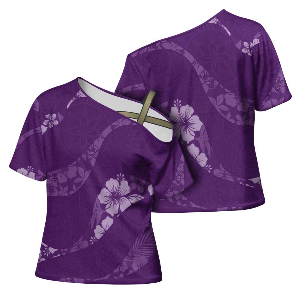 Aloha Hawaii Floral Tapa Cross Shoulder Shirt Patchwork Violet - Polynesian Pride
