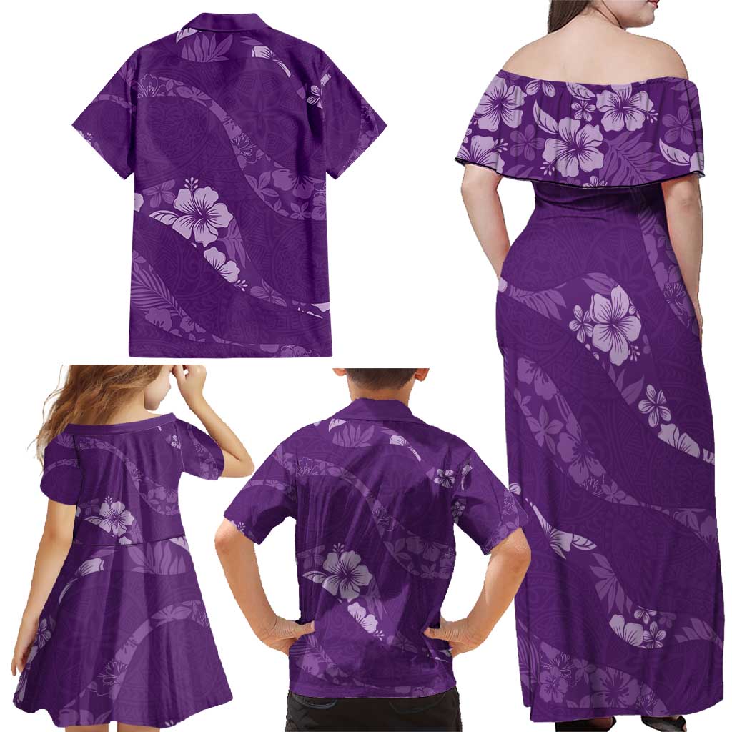 Aloha Hawaii Floral Tapa Family Matching Off Shoulder Maxi Dress and Hawaiian Shirt Patchwork Violet - Polynesian Pride