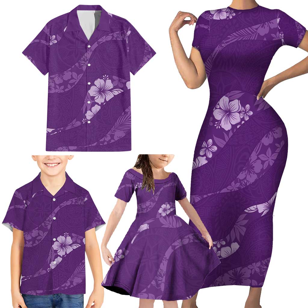 Aloha Hawaii Floral Tapa Family Matching Short Sleeve Bodycon Dress and Hawaiian Shirt Patchwork Violet - Polynesian Pride