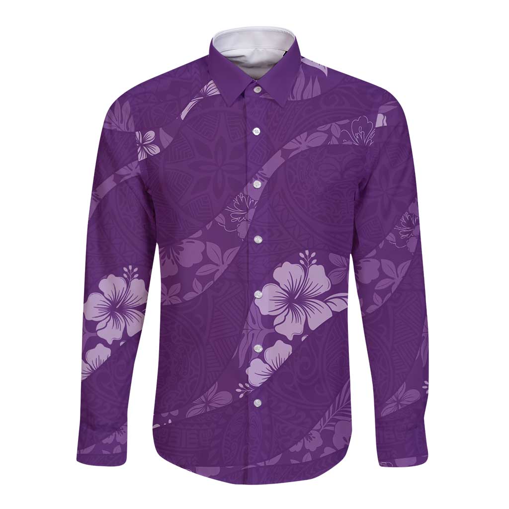 Aloha Hawaii Floral Tapa Long Sleeve Button Shirt Patchwork Violet - Polynesian Pride