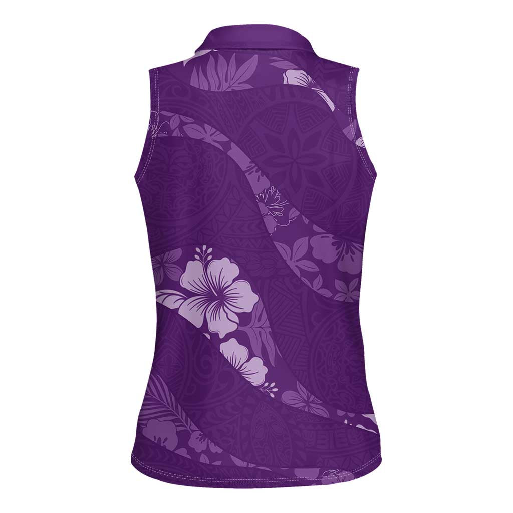 Aloha Hawaii Floral Tapa Women Sleeveless Polo Shirt Patchwork Violet - Polynesian Pride