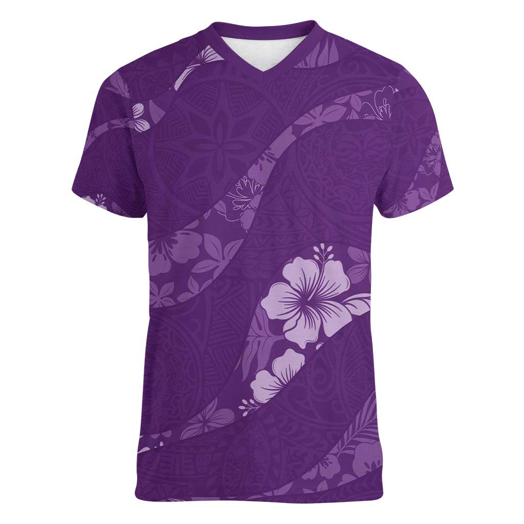 Aloha Hawaii Floral Tapa Women V-Neck T-Shirt Patchwork Violet LT7 Female Violet - Polynesian Pride