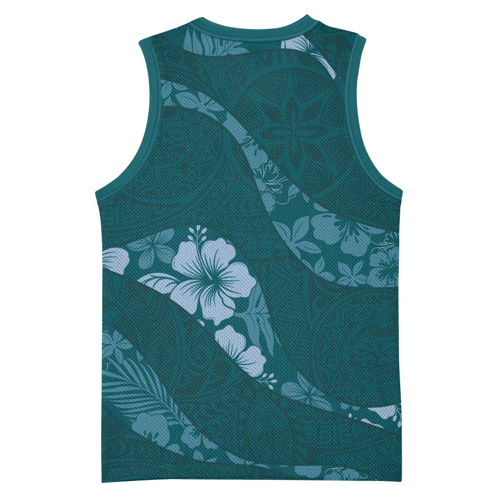 Aloha Hawaii Floral Tapa Basketball Jersey Patchwork Teal - Polynesian Pride