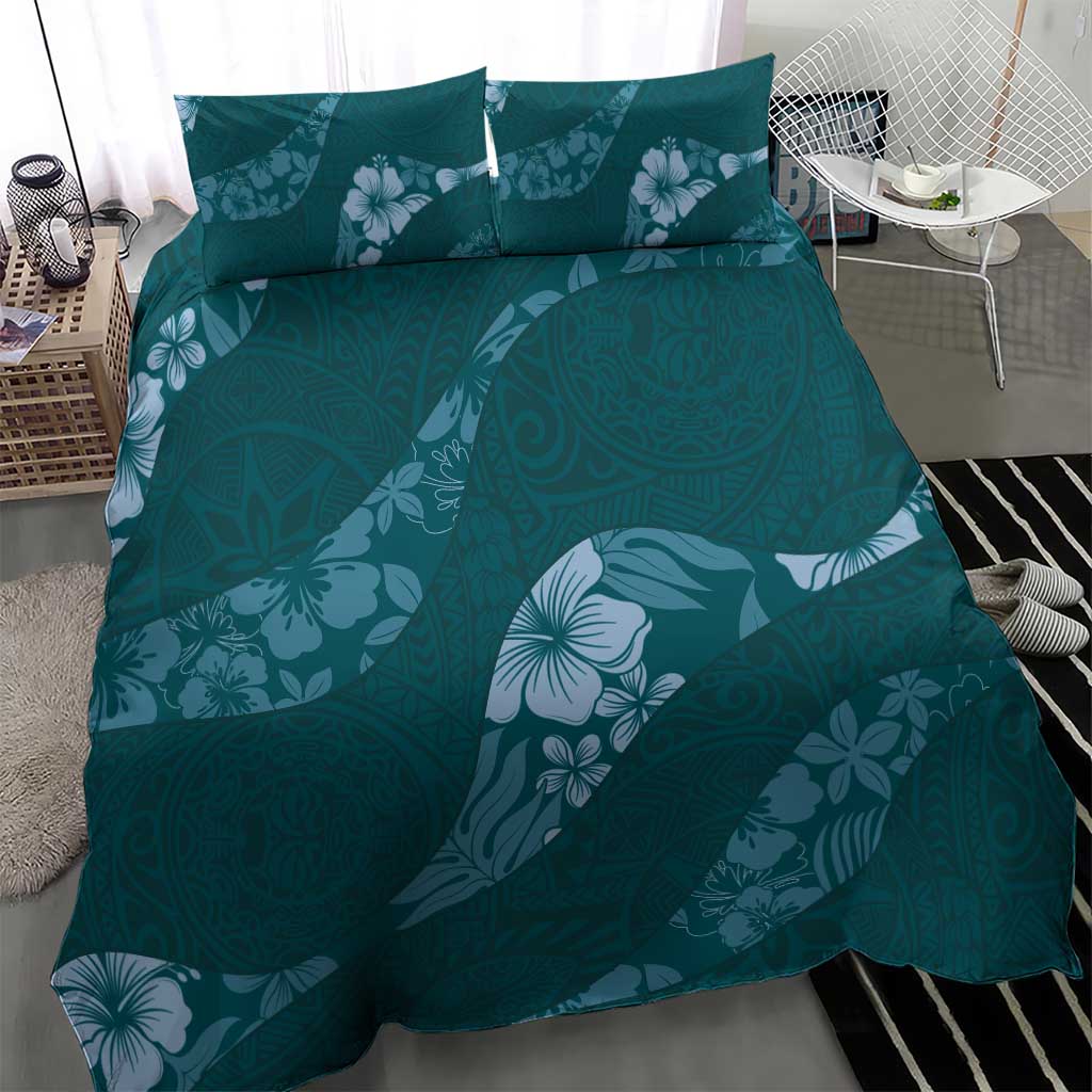 Aloha Hawaii Floral Tapa Bedding Set Patchwork Teal - Polynesian Pride