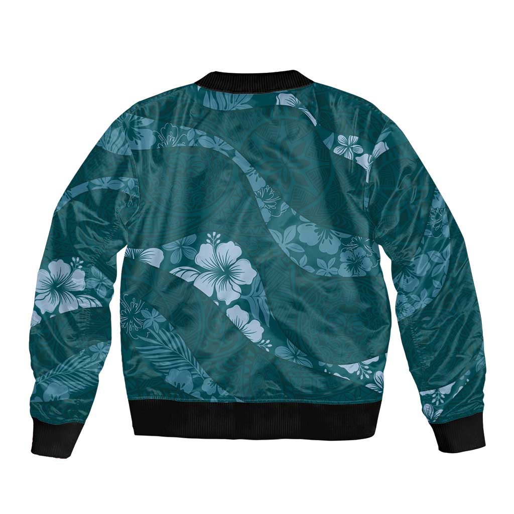 Aloha Hawaii Floral Tapa Bomber Jacket Patchwork Teal - Polynesian Pride