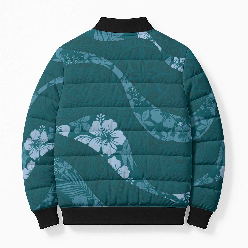 Aloha Hawaii Floral Tapa Bomber Puffer Jacket Patchwork Teal - Polynesian Pride