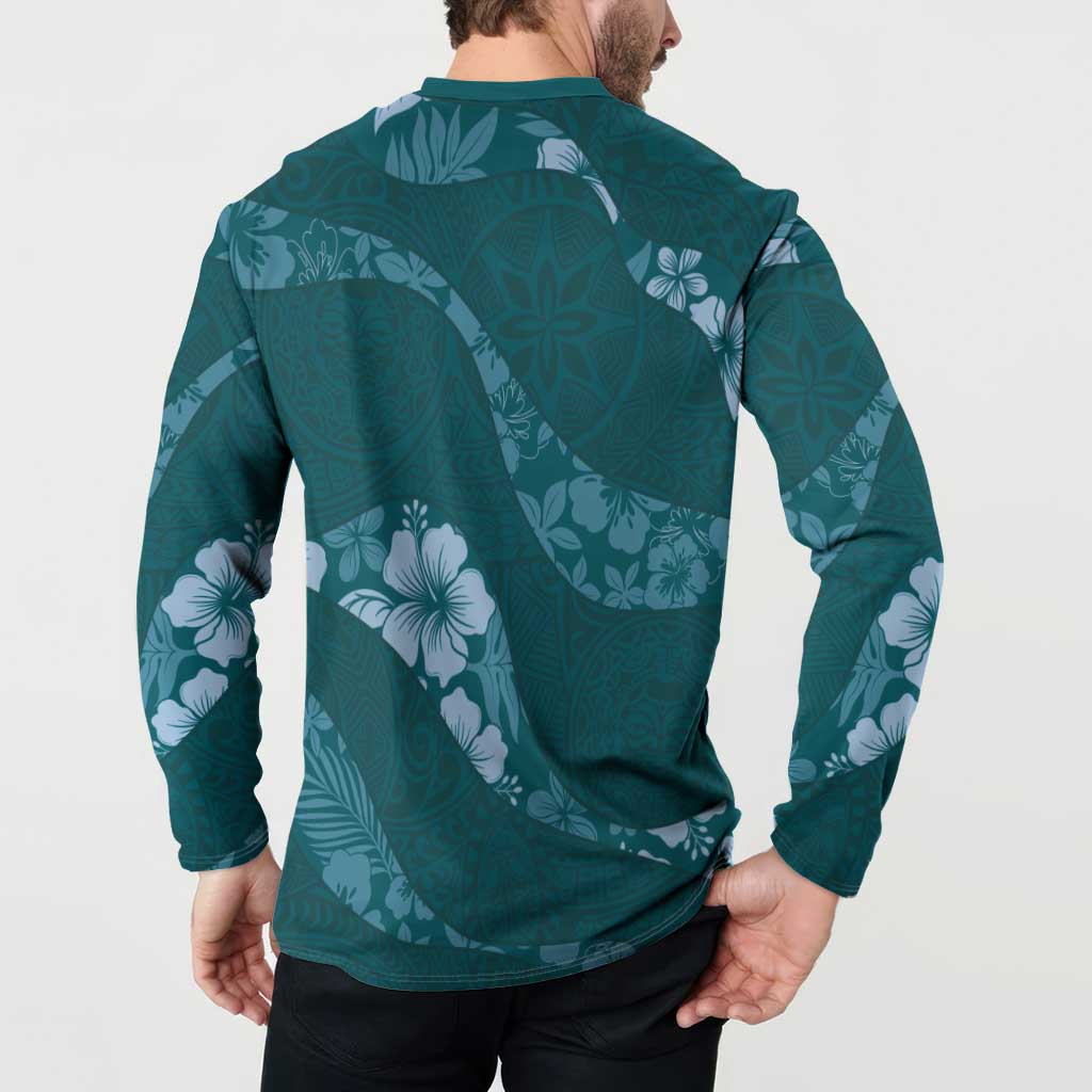 Aloha Hawaii Floral Tapa Button Sweatshirt Patchwork Teal - Polynesian Pride