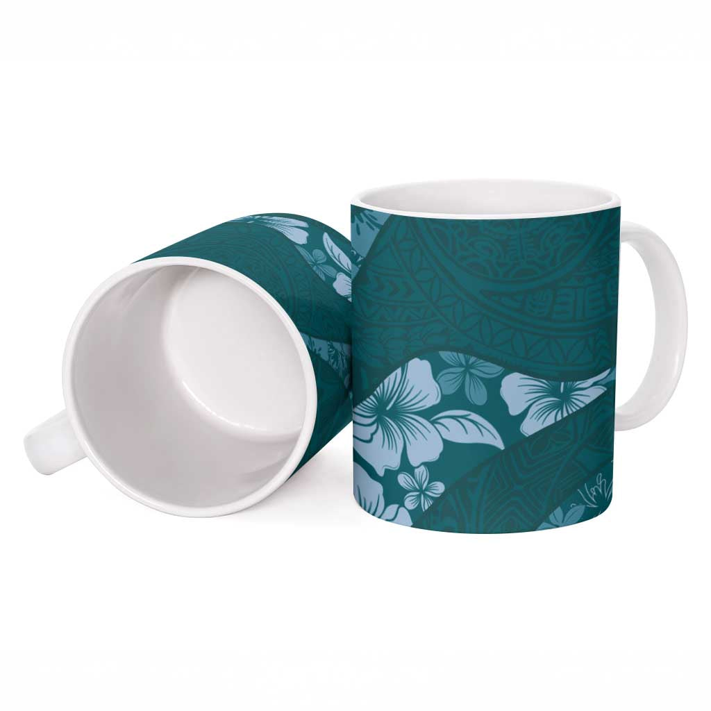 Aloha Hawaii Floral Tapa Ceramic Mug Patchwork Teal - Polynesian Pride