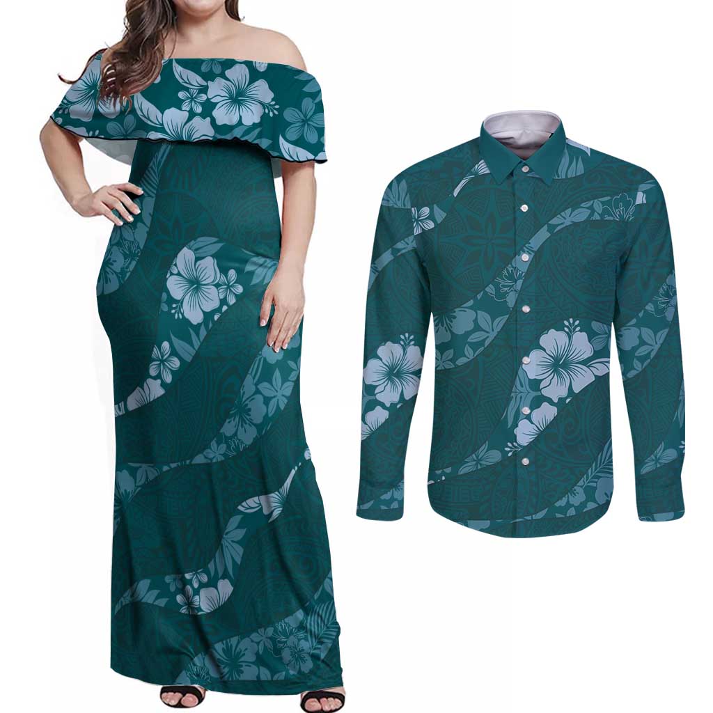Aloha Hawaii Floral Tapa Couples Matching Off Shoulder Maxi Dress and Long Sleeve Button Shirt Patchwork Teal - Polynesian Pride