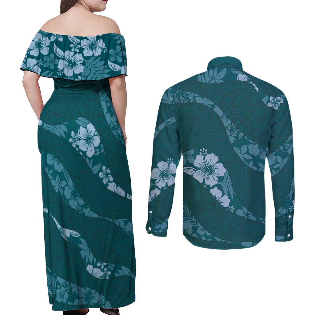 Aloha Hawaii Floral Tapa Couples Matching Off Shoulder Maxi Dress and Long Sleeve Button Shirt Patchwork Teal - Polynesian Pride