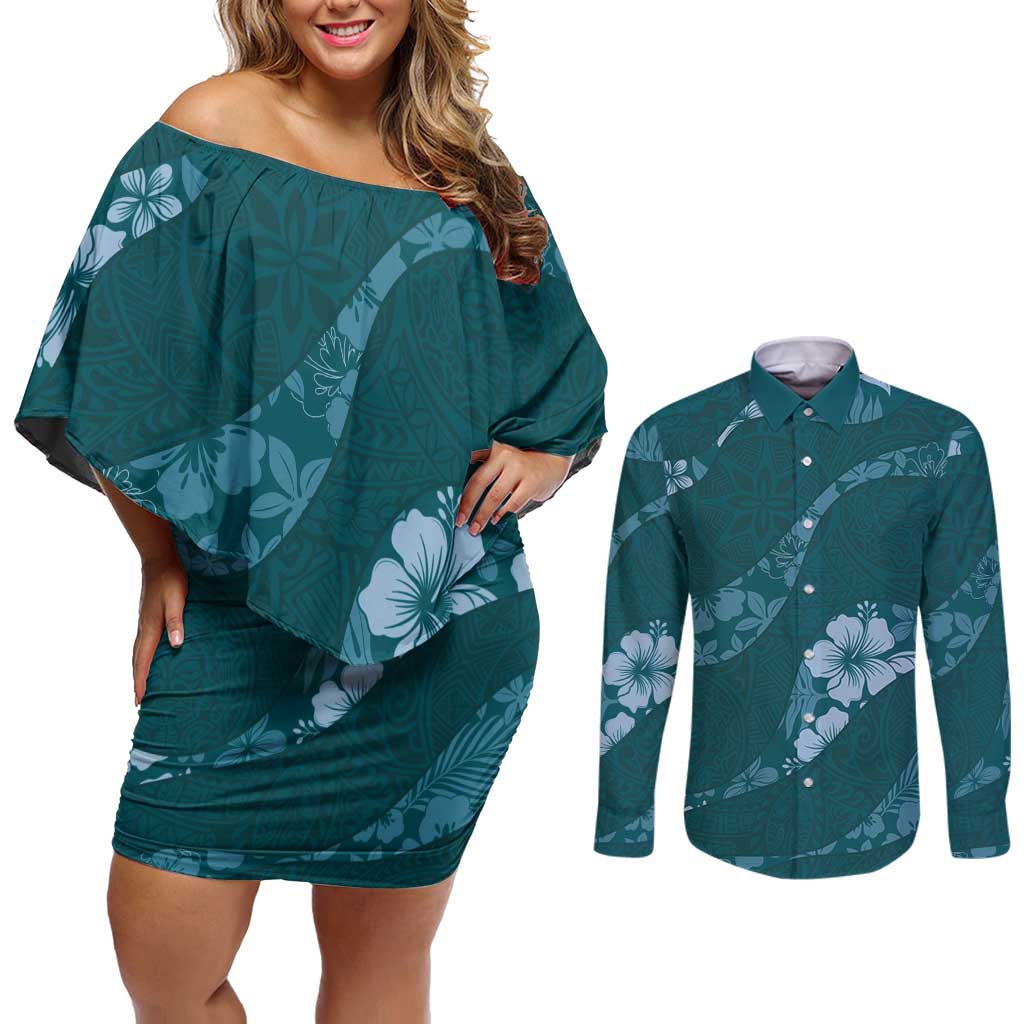 Aloha Hawaii Floral Tapa Couples Matching Off Shoulder Short Dress and Long Sleeve Button Shirt Patchwork Teal - Polynesian Pride