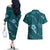 Aloha Hawaii Floral Tapa Couples Matching Off The Shoulder Long Sleeve Dress and Hawaiian Shirt Patchwork Teal - Polynesian Pride
