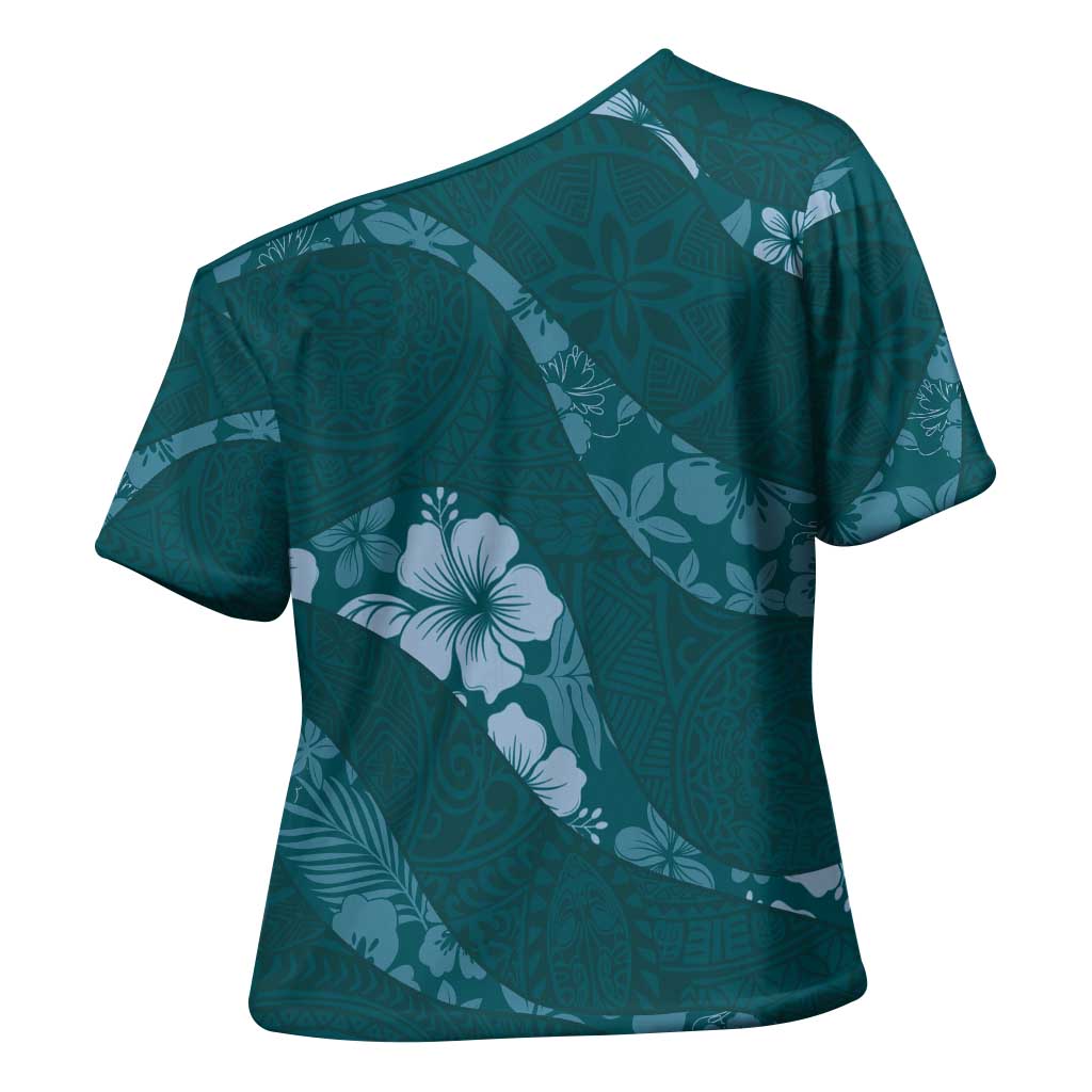 Aloha Hawaii Floral Tapa Cross Shoulder Shirt Patchwork Teal - Polynesian Pride