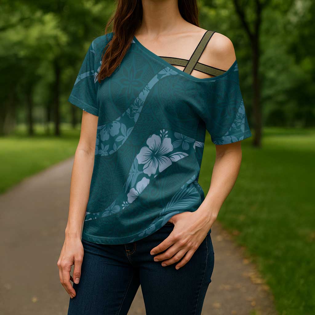 Aloha Hawaii Floral Tapa Cross Shoulder Shirt Patchwork Teal - Polynesian Pride