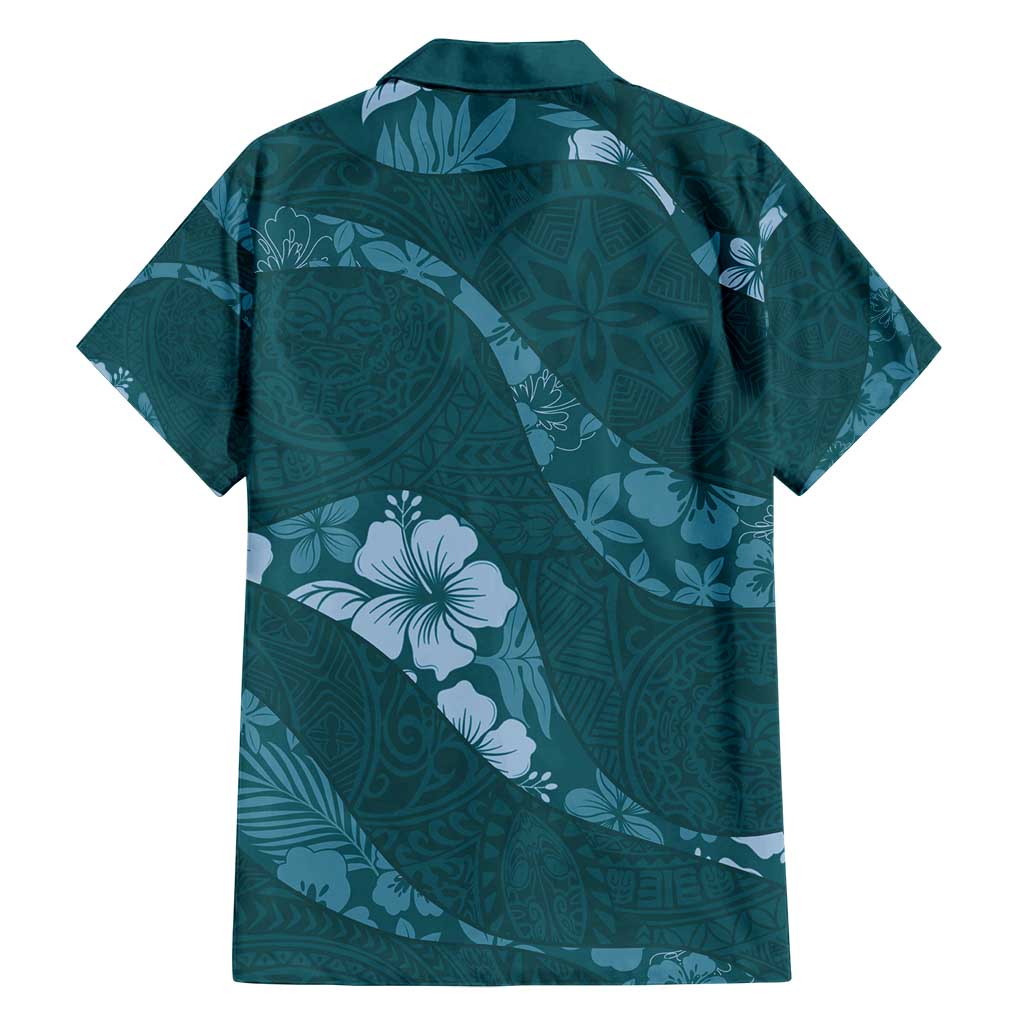 Aloha Hawaii Floral Tapa Family Matching Long Sleeve Bodycon Dress and Hawaiian Shirt Patchwork Teal - Polynesian Pride