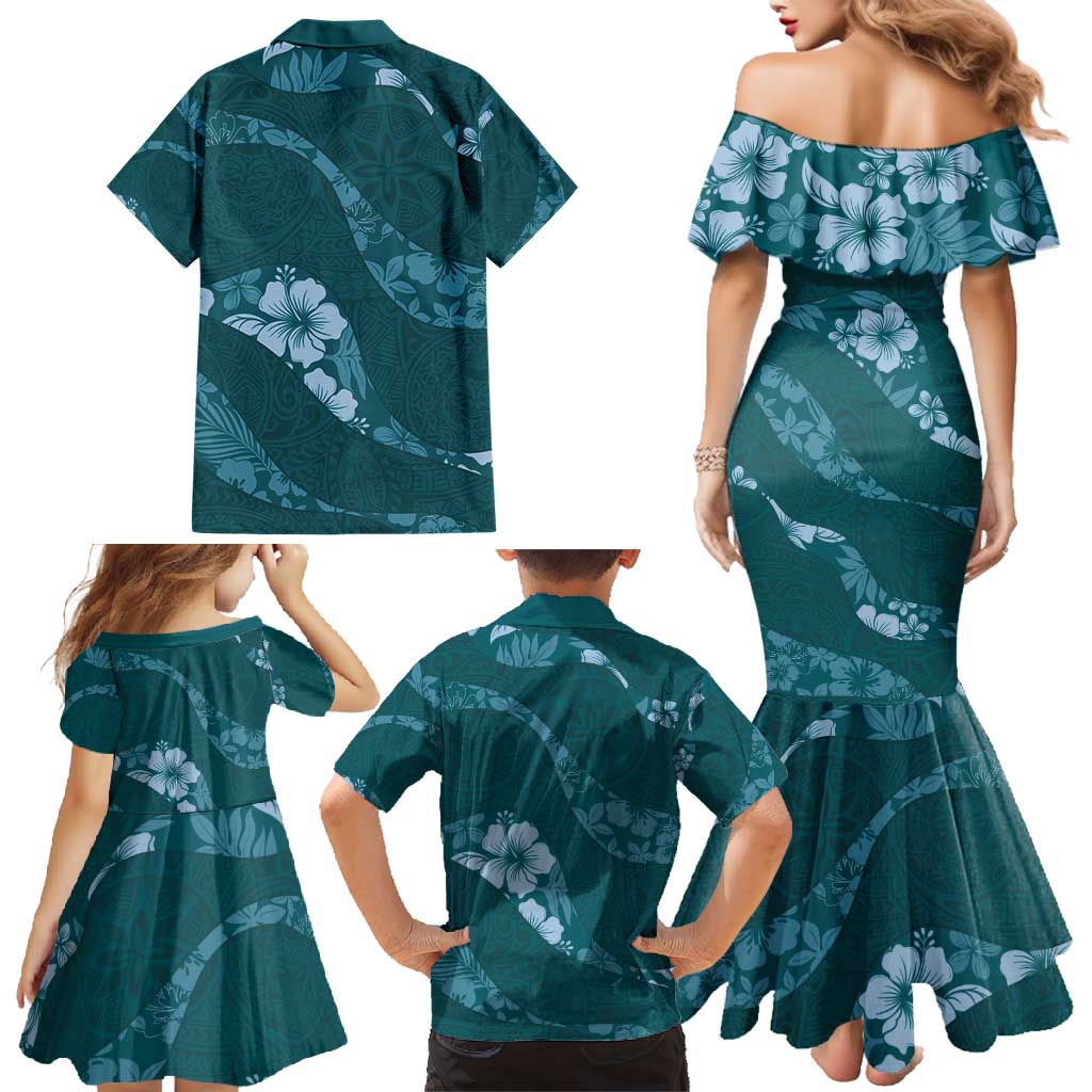 Aloha Hawaii Floral Tapa Family Matching Mermaid Dress and Hawaiian Shirt Patchwork Teal - Polynesian Pride
