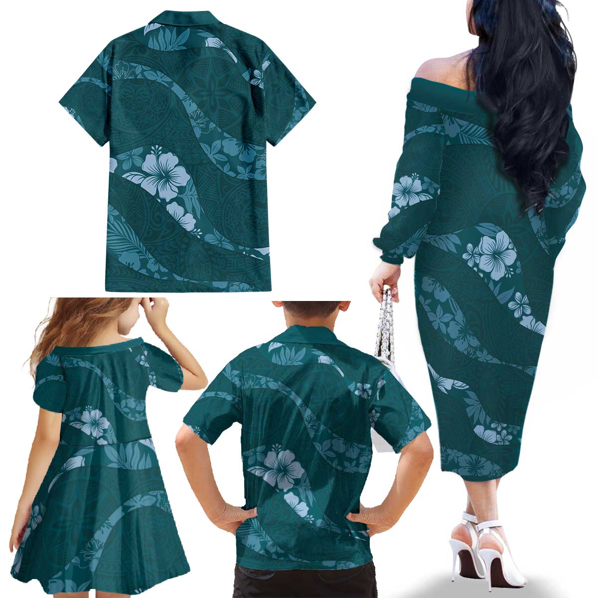 Aloha Hawaii Floral Tapa Family Matching Off The Shoulder Long Sleeve Dress and Hawaiian Shirt Patchwork Teal - Polynesian Pride