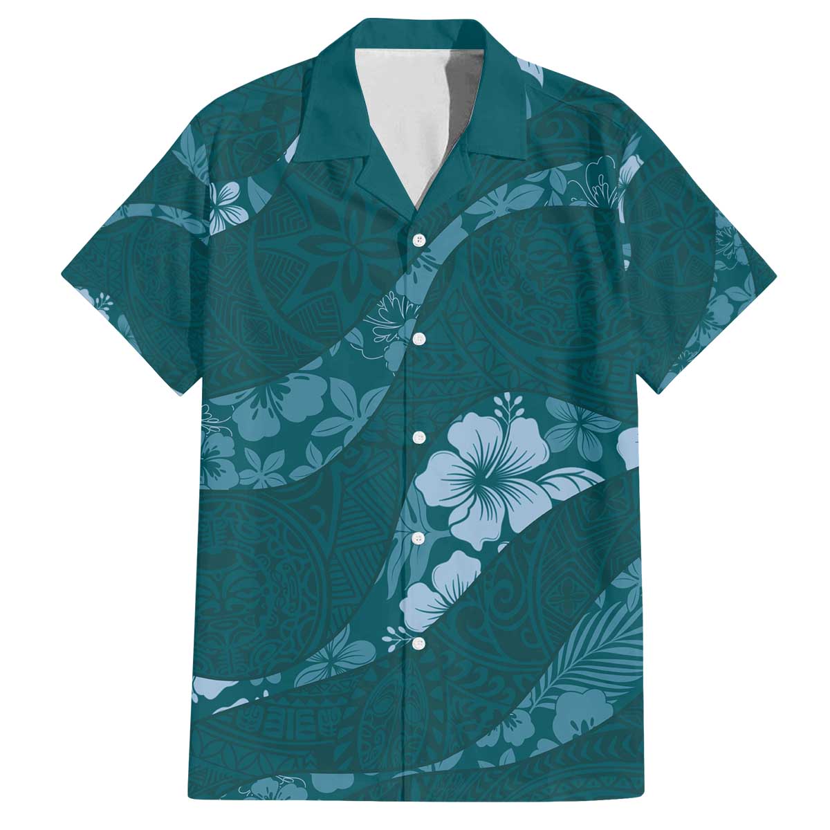 Aloha Hawaii Floral Tapa Family Matching Off The Shoulder Long Sleeve Dress and Hawaiian Shirt Patchwork Teal - Polynesian Pride