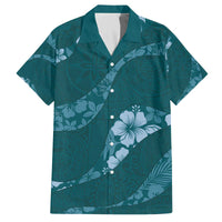 Aloha Hawaii Floral Tapa Family Matching Off The Shoulder Long Sleeve Dress and Hawaiian Shirt Patchwork Teal - Polynesian Pride