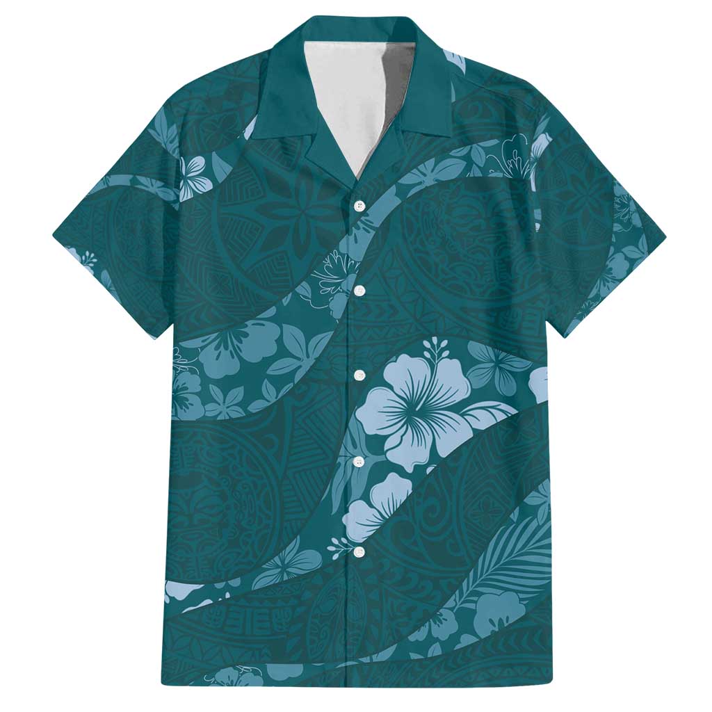 Aloha Hawaii Floral Tapa Family Matching Off Shoulder Short Dress and Hawaiian Shirt Patchwork Teal - Polynesian Pride