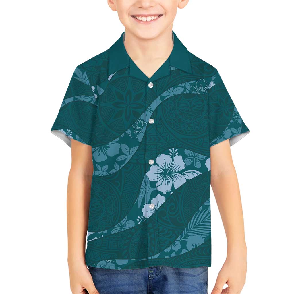 Aloha Hawaii Floral Tapa Family Matching Off Shoulder Short Dress and Hawaiian Shirt Patchwork Teal - Polynesian Pride