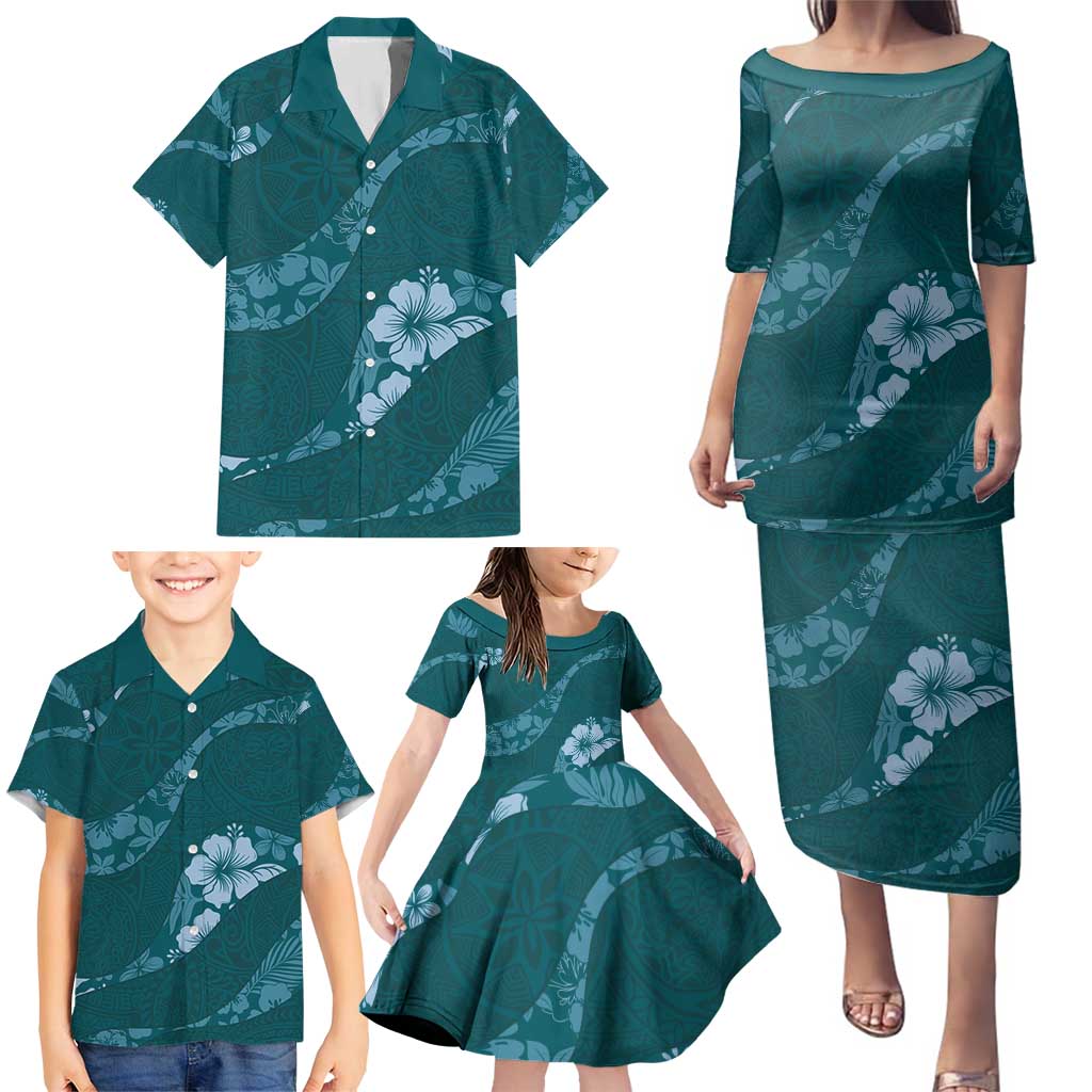 Aloha Hawaii Floral Tapa Family Matching Puletasi and Hawaiian Shirt Patchwork Teal - Polynesian Pride