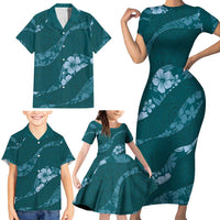 Aloha Hawaii Floral Tapa Family Matching Short Sleeve Bodycon Dress and Hawaiian Shirt Patchwork Teal - Polynesian Pride