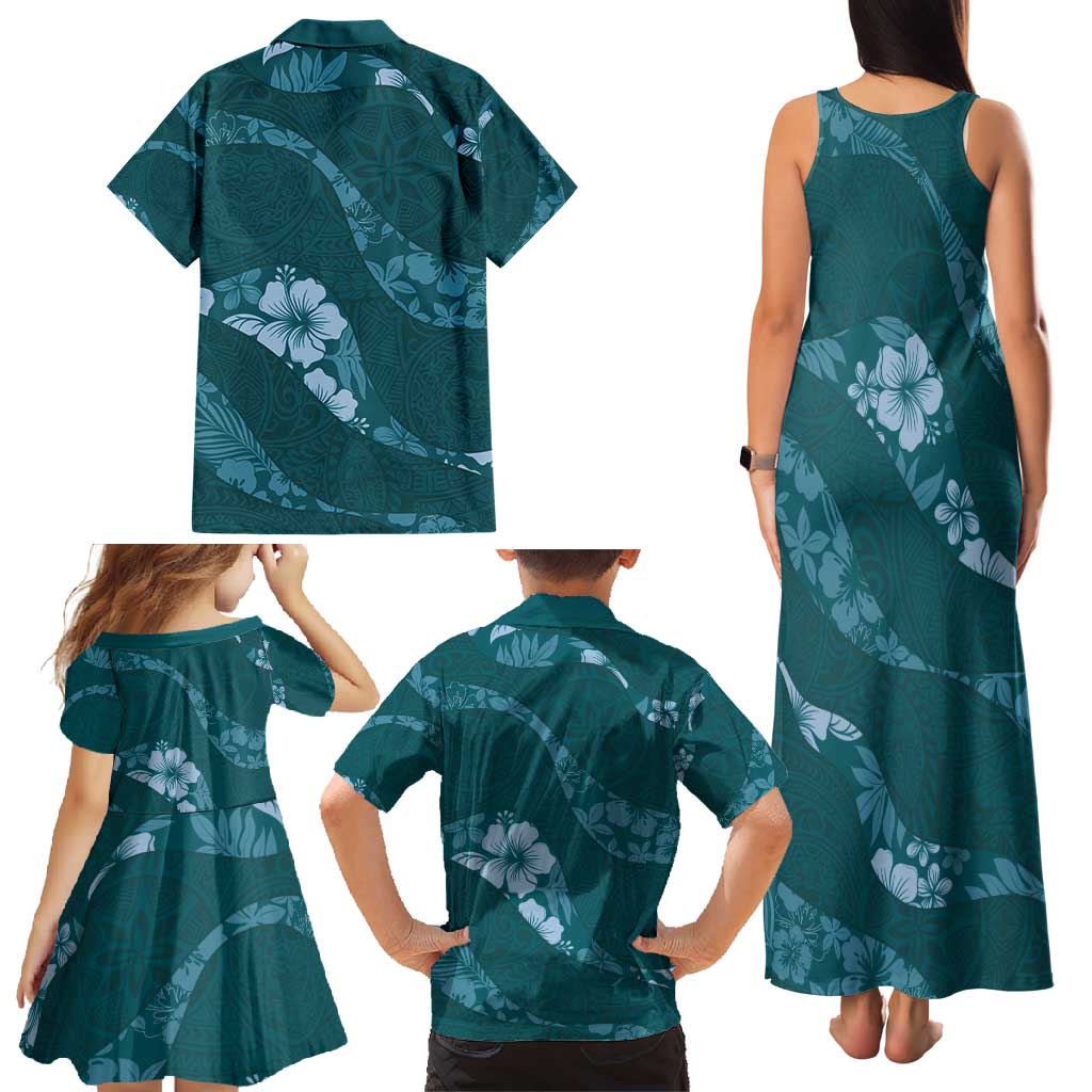 Aloha Hawaii Floral Tapa Family Matching Tank Maxi Dress and Hawaiian Shirt Patchwork Teal - Polynesian Pride