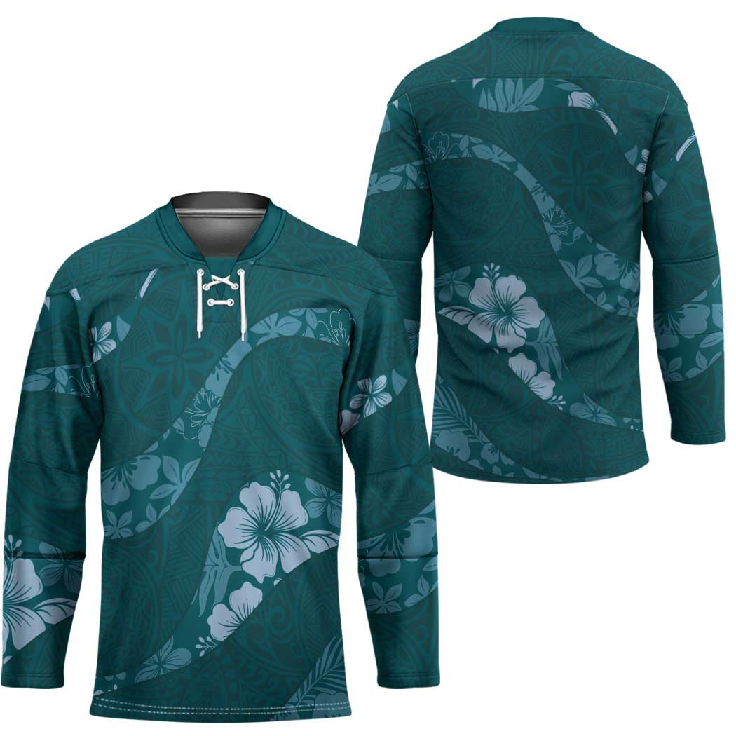 Aloha Hawaii Floral Tapa Hockey Jersey Patchwork Teal - Polynesian Pride