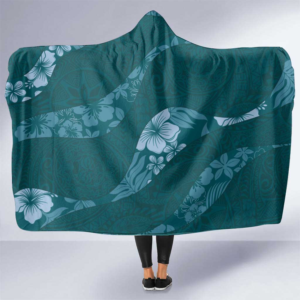 Aloha Hawaii Floral Tapa Hooded Blanket Patchwork Teal LT7 One Size Teal - Polynesian Pride