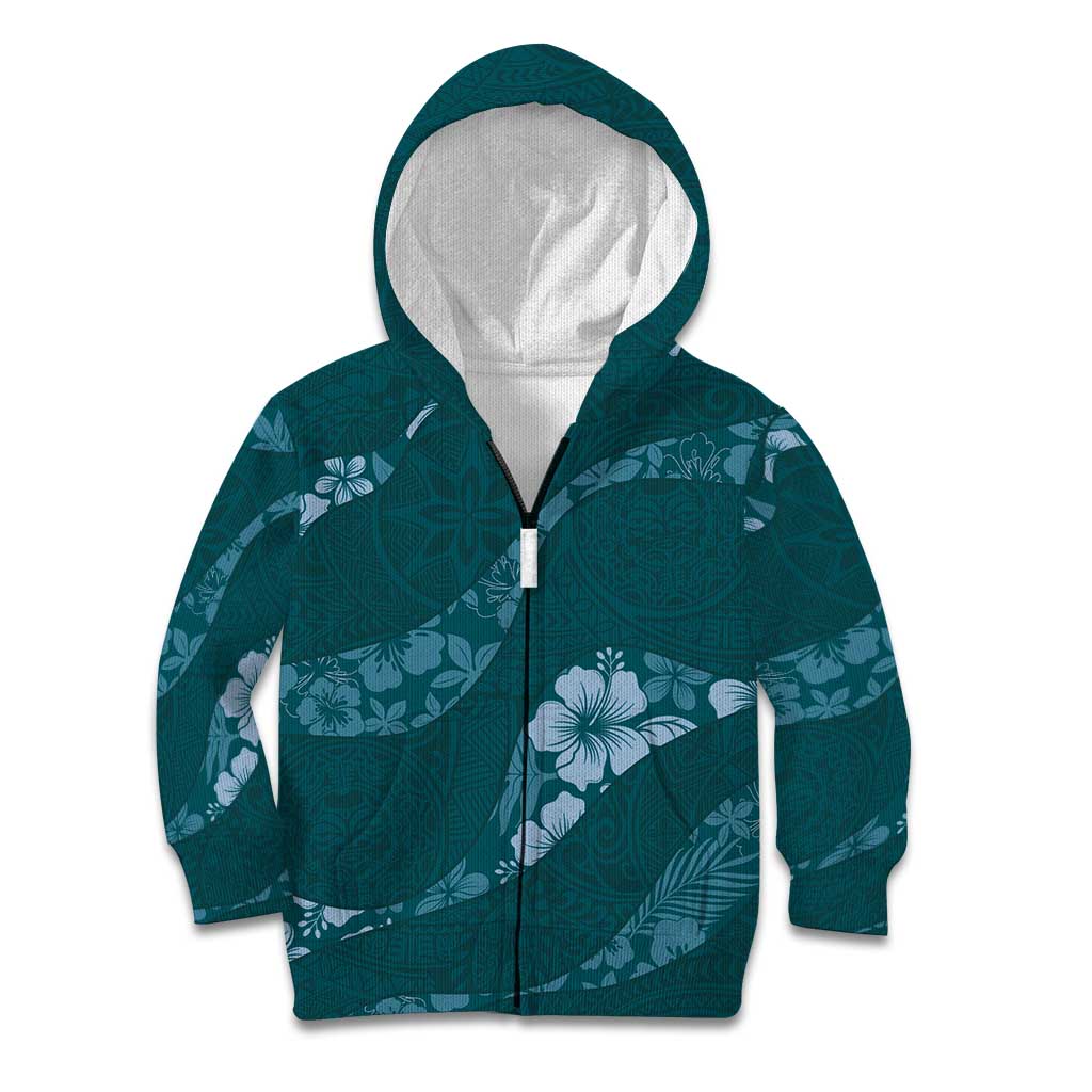 Aloha Hawaii Floral Tapa Kid Hoodie Patchwork Teal - Polynesian Pride
