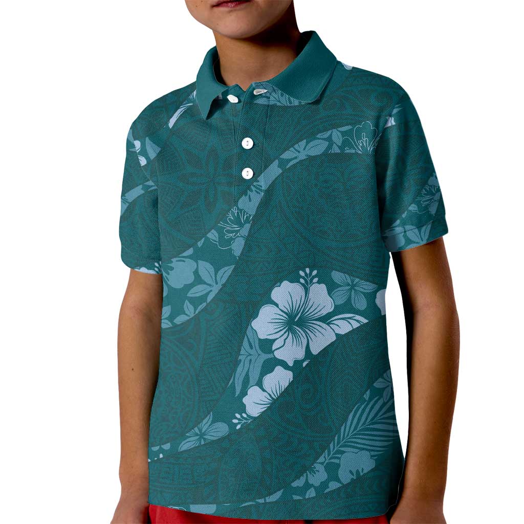 Aloha Hawaii Floral Tapa Kid Polo Shirt Patchwork Teal LT7 Kid Teal - Polynesian Pride