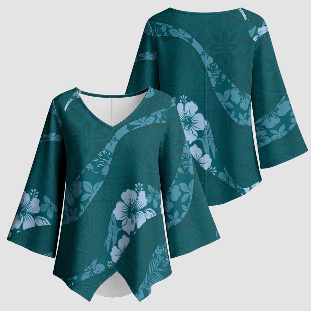 Aloha Hawaii Floral Tapa Kimono Sleeve Blouse Patchwork Teal - Polynesian Pride