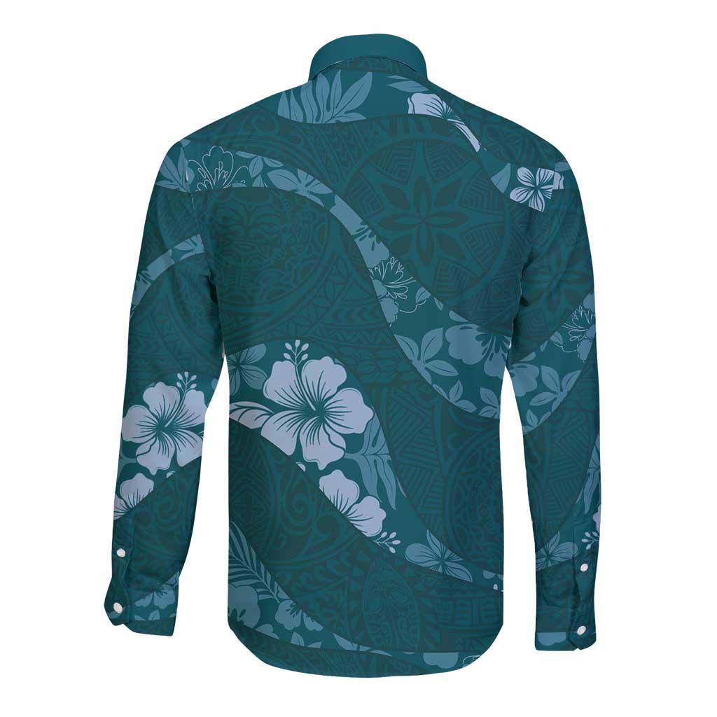 Aloha Hawaii Floral Tapa Long Sleeve Button Shirt Patchwork Teal - Polynesian Pride
