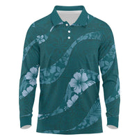 Aloha Hawaii Floral Tapa Long Sleeve Polo Shirt Patchwork Teal - Polynesian Pride