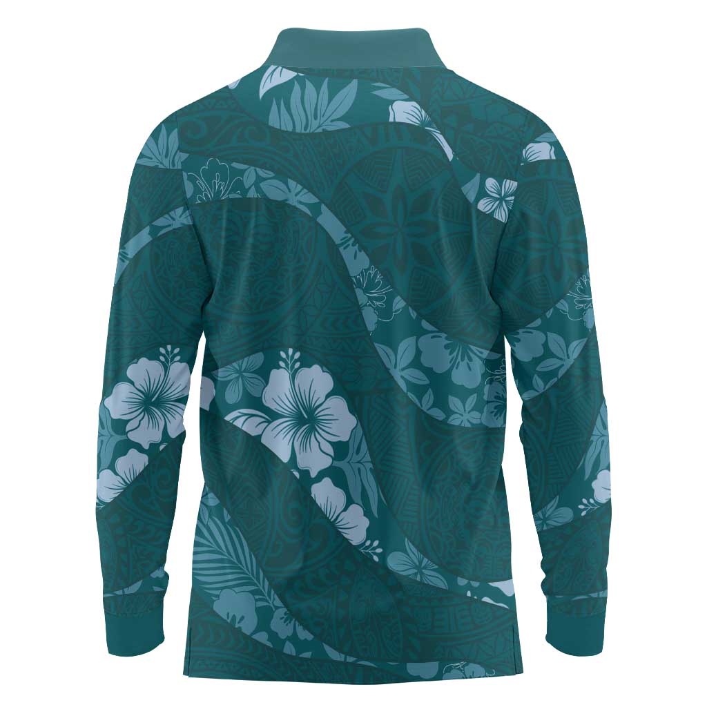 Aloha Hawaii Floral Tapa Long Sleeve Polo Shirt Patchwork Teal - Polynesian Pride