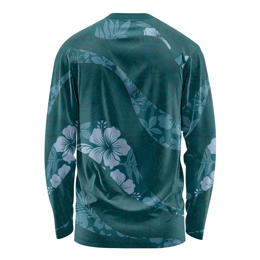 Aloha Hawaii Floral Tapa Long Sleeve Shirt Patchwork Teal - Polynesian Pride