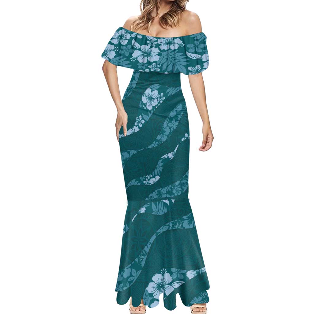 Aloha Hawaii Floral Tapa Mermaid Dress Patchwork Teal - Polynesian Pride