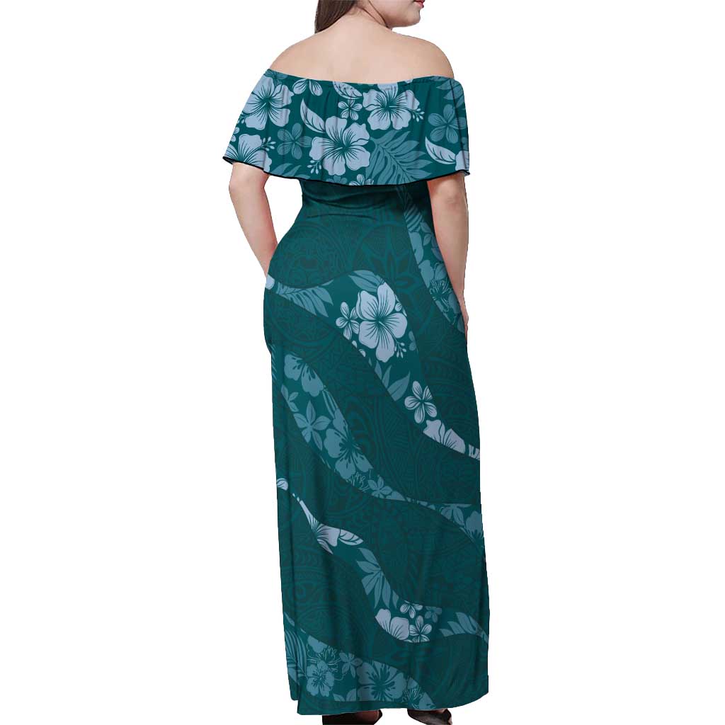 Aloha Hawaii Floral Tapa Off Shoulder Maxi Dress Patchwork Teal - Polynesian Pride