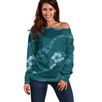 Aloha Hawaii Floral Tapa Off Shoulder Sweater Patchwork Teal - Polynesian Pride