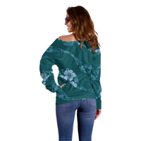 Aloha Hawaii Floral Tapa Off Shoulder Sweater Patchwork Teal - Polynesian Pride