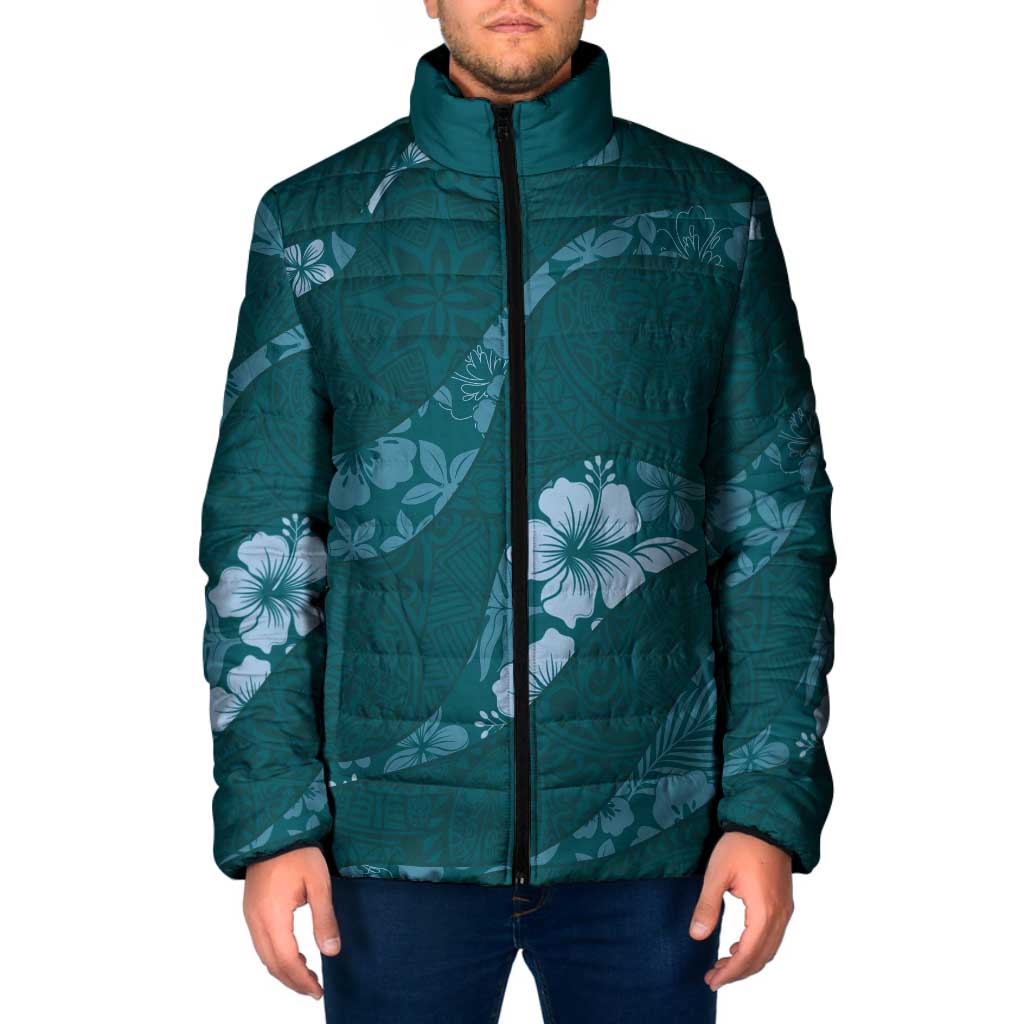 Aloha Hawaii Floral Tapa Padded Jacket Patchwork Teal - Polynesian Pride