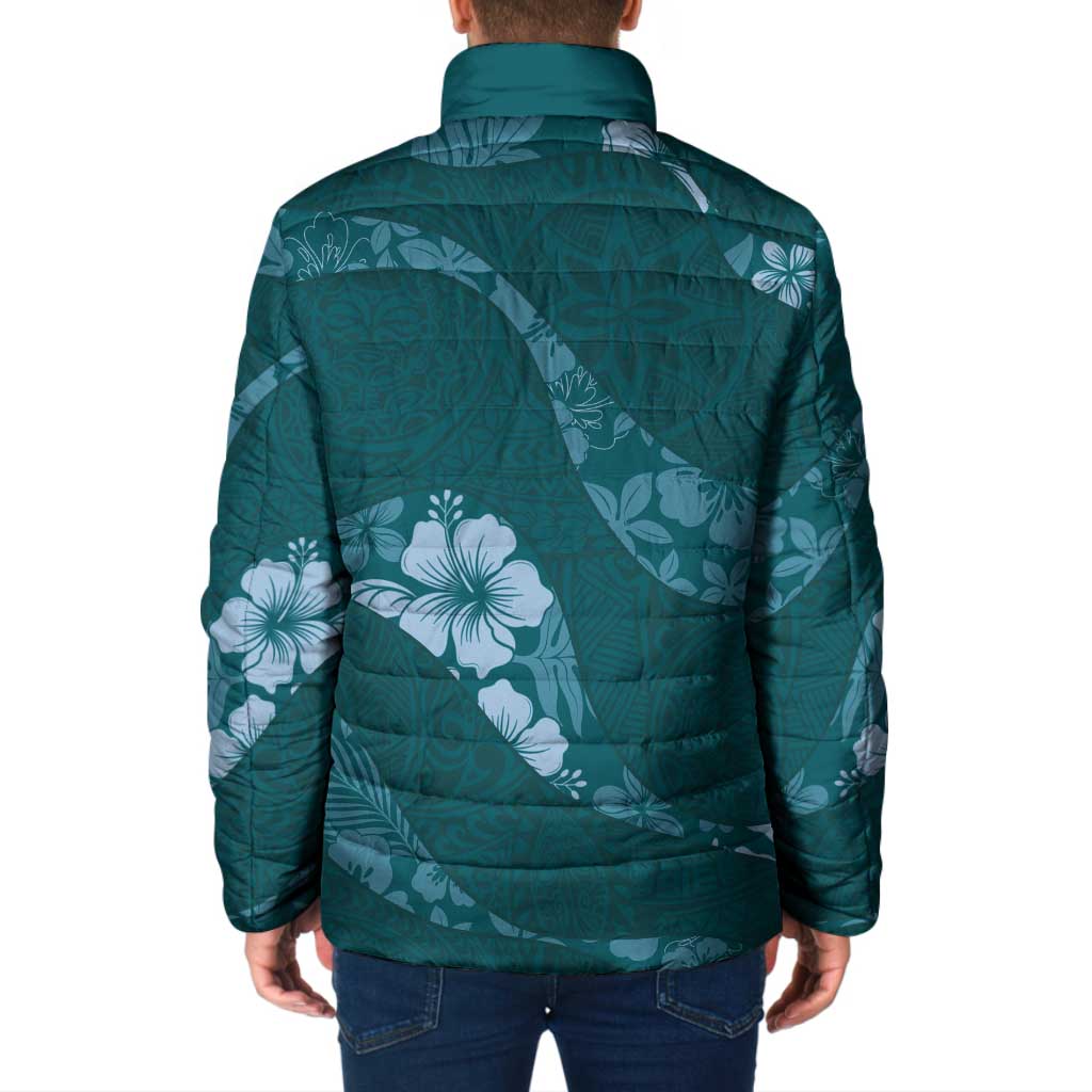 Aloha Hawaii Floral Tapa Padded Jacket Patchwork Teal - Polynesian Pride
