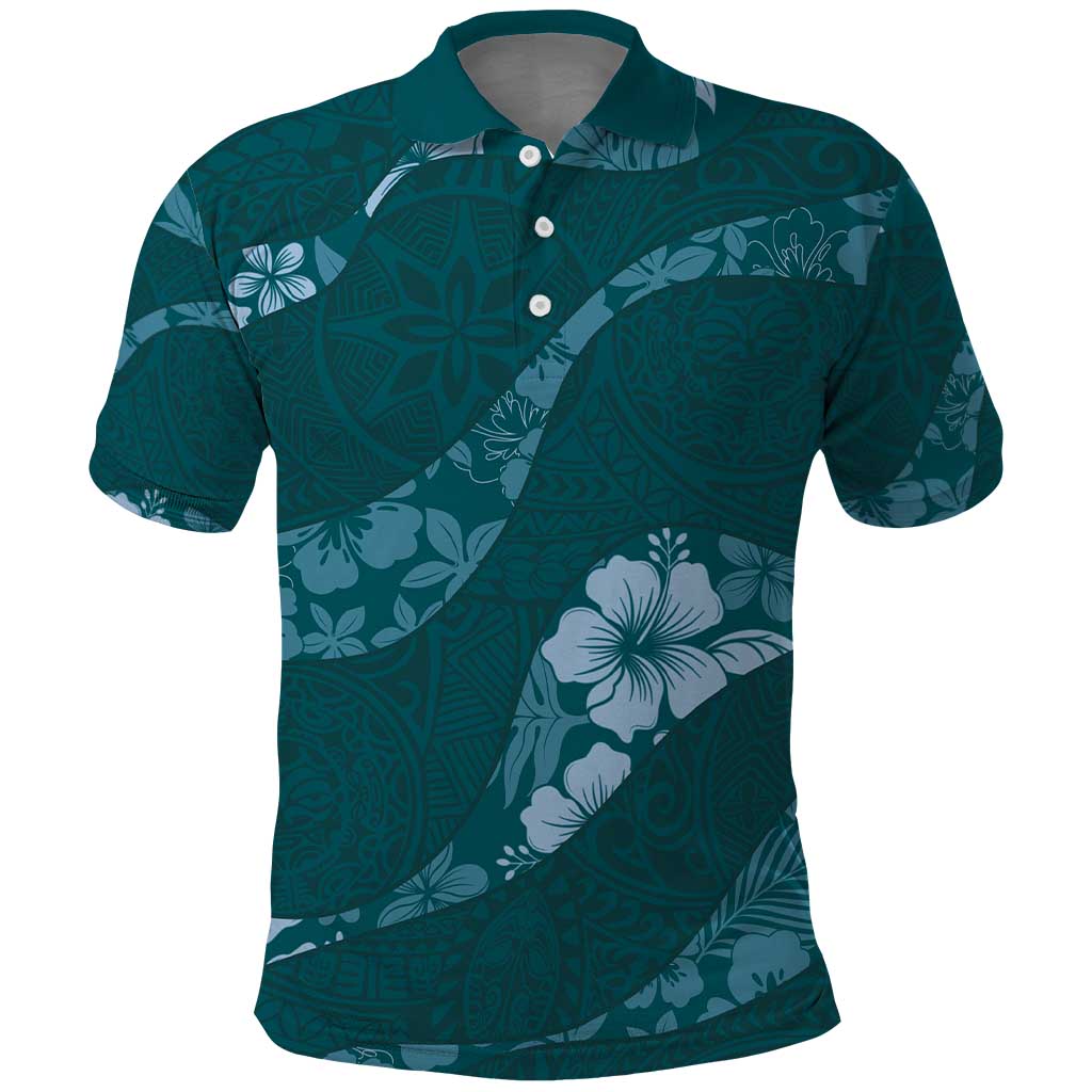 Aloha Hawaii Floral Tapa Polo Shirt Patchwork Teal - Polynesian Pride